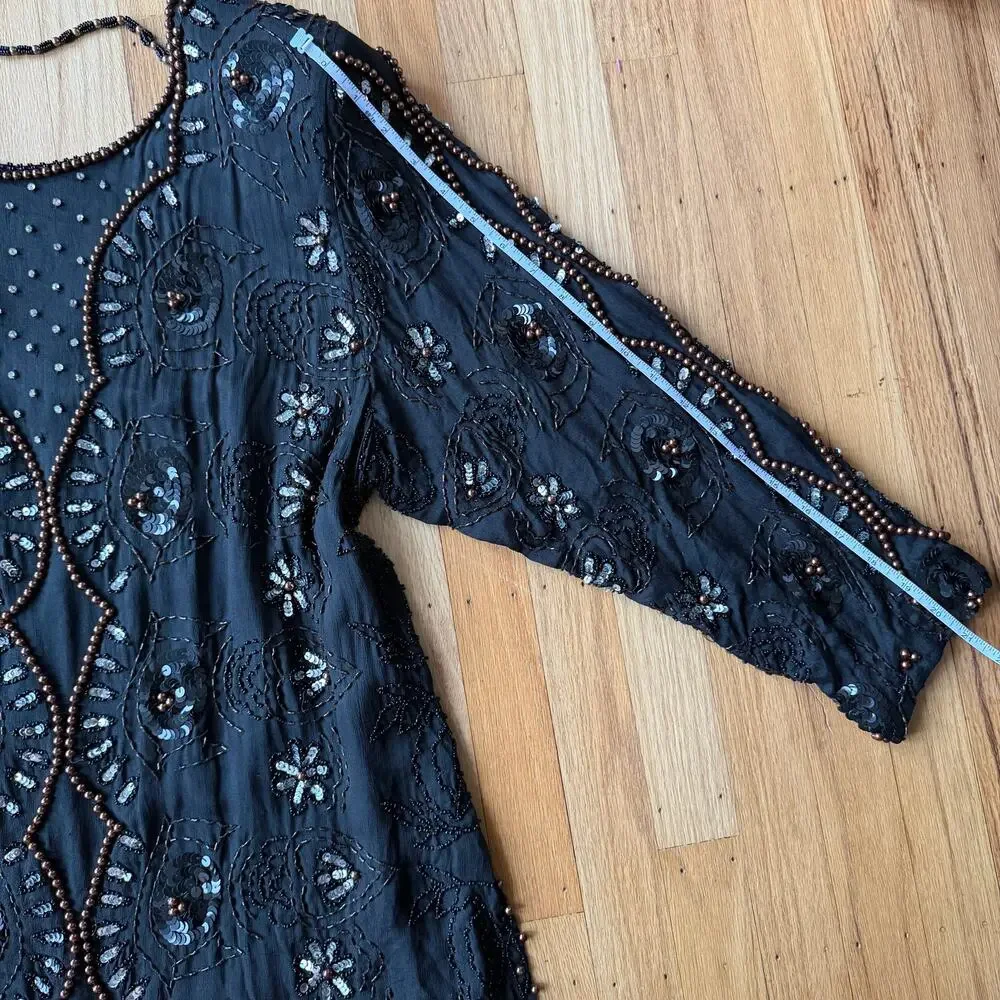 Vintage JLB Silk Black Beaded Sequin Tunic Top Size L (approx) 80's 90's Holiday - Picture 11 of 15